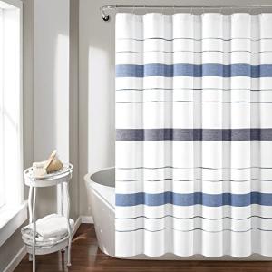 Lush Decor Chic Stripe Yarn Dyed Eco-Friendly Recycled Cotton Shower Curtain, 72" x 72", Navy & Blue