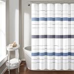 Lush Decor Chic Stripe Yarn Dyed Eco-Friendly Recycled Cotton Shower Curtain, 72" x 72", Navy & Blue