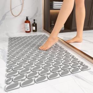 XIYUNTE Shower Mat Bathtub Mat Non Slip, 27''x16'' Soft and Comfortable Anti Slip Shower Mat, Eco-Friendly TPE+PP Shower Non Slip Mat with Powerful Suction Cups, Machine Washable, Easy to Cut, Grey
