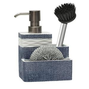 Suanti Dish Soap Dispense with Sponge&Brush Holder Kitchen Sink 3 in 1 Sponge Soap Dispenser Caddy 11oz for Dishwashing Liquid,Dish Soap,Scrubber Eco-Friendly Resin Material&Rust Free Pump,Blue&White