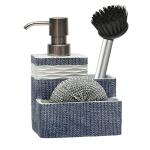 Suanti Dish Soap Dispense with Sponge&Brush Holder Kitchen Sink 3 in 1 Sponge Soap Dispenser Caddy 11oz for Dishwashing Liquid,Dish Soap,Scrubber Eco-Friendly Resin Material&Rust Free Pump,Blue&White