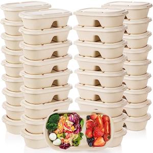 Yesland 50 Pcs Compostable Take Out Food Containers with Lid, 33 oz Bagasse to Go Container 2 Compartment Rectangular Disposable Paper Bowl, Meal Prep Food Container for Salad Leftovers