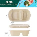 Yesland 50 Pcs Compostable Take Out Food Containers with Lid, 33 oz Bagasse to Go Container 2 Compartment Rectangular Disposable Paper Bowl, Meal Prep Food Container for Salad Leftovers