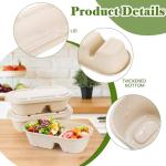 Yesland 50 Pcs Compostable Take Out Food Containers with Lid, 33 oz Bagasse to Go Container 2 Compartment Rectangular Disposable Paper Bowl, Meal Prep Food Container for Salad Leftovers