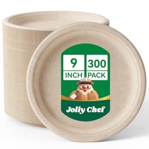 JOLLY CHEF Compostable Heavy Duty Plates 9 Inch [300 Pack] Eco-Friendly Disposable Natural Paper Plates Bagasse Biodegradable Bulk for Party Dinner Sugarcane Fibers Thanksgiving Day (Brown)