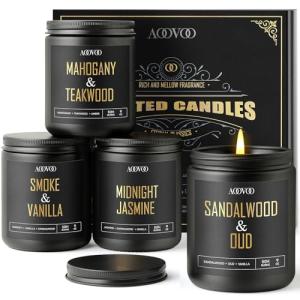 AOOVOO Scented Candles for Men - 4 Pack Candles for Home Scented, 36oz Soy Wax, 200 Hour Burn Time, Men Candle Set, Sandalwood Oud/Mahogany Teakwood/Smoke Vanilla/Jasmine Candle Set A