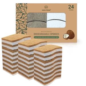 MMG Prime Natural Kitchen Sponge –24-Pack Biodegradable Sponges for Dishes –Compostable Dish Washing Scrubbers – Eco Friendly Non-Scratch Cellulose & Coconut Husk Scrubber Sponges for Cleaning