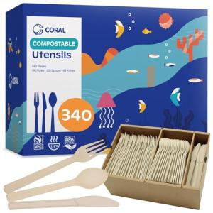 CORAL Light Brown 100% Compostable Cutlery Set 340 Pieces - Heavy Duty 160 Forks, 120 Spoons, 60 Knives - Break-Resistant with Smooth Edges, Ocean Friendly Alternative to Plastic Utensils - Disposable