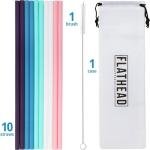 Flathead Products 10 Reusable Silicone Drinking Straws + Cleaning Brush, 30 Ounce - 20 Ounce Tumblers Compatible, Dishwasher Safe, Extra Long Straw - Silicone Straws Reusable