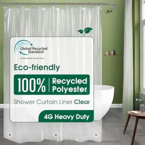 Bowery Home NOT Made in China Eco-Friendly Recycled Polyester Shower Curtain Liner – Waterproof, Sustainable, Non-Toxic Shower Curtain Liner, with Rust-Proof Grommets, 72x72IN, 4G – Clear