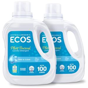 ECOS Laundry Detergent Liquid, 200 Loads - Dermatologist Tested Laundry Soap - Hypoallergenic, EPA Safer Choice Certified, Plant-Powered, Free & Clear, 100 Fl Oz (Pack of 2)