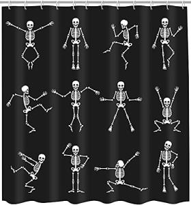 Skeleton Skull Shower Curtain Funny Dance Halloween Dancing Cartoon Fun Joints Party Vintage Shower Curtain Sets with 12 Hooks, Eco-Friendly, No Odor Rust Proof Grommets, Black