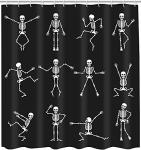 Skeleton Skull Shower Curtain Funny Dance Halloween Dancing Cartoon Fun Joints Party Vintage Shower Curtain Sets with 12 Hooks, Eco-Friendly, No Odor Rust Proof Grommets, Black