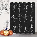 Skeleton Skull Shower Curtain Funny Dance Halloween Dancing Cartoon Fun Joints Party Vintage Shower Curtain Sets with 12 Hooks, Eco-Friendly, No Odor Rust Proof Grommets, Black