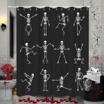 Skeleton Skull Shower Curtain Funny Dance Halloween Dancing Cartoon Fun Joints Party Vintage Shower Curtain Sets with 12 Hooks, Eco-Friendly, No Odor Rust Proof Grommets, Black