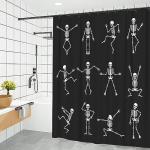 Skeleton Skull Shower Curtain Funny Dance Halloween Dancing Cartoon Fun Joints Party Vintage Shower Curtain Sets with 12 Hooks, Eco-Friendly, No Odor Rust Proof Grommets, Black