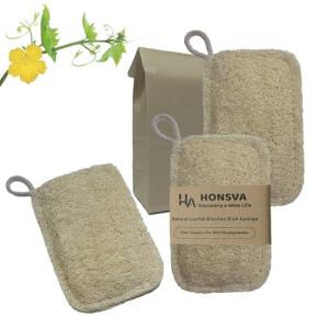 Honsva Natural Loofah Kitchen Sponge (3 Pcs) No Scratch Scrubber for Dishwashing, 100% Plant Fibers Vegetable Scrubber, Zero Waste and Eco Friendly Loofa, Square, Large Size