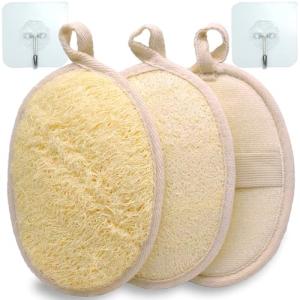 TEXNINC 3 Pack Natural Loofah Bath Exfoliation Body Scrubber & Shower Sponge, Eco-Friendly Biodegradable Exfoliating Scrubber for Women & Men, Beige