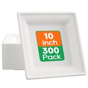 ECOLipak 10 Inch Square Paper Plates, 300 Pack Compostable Heavy Duty Biodegradable Paper Plates, Made from Sugarcane, Eco Friendly White Disposable Plates for Party, Dinner
