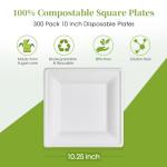 ECOLipak 10 Inch Square Paper Plates, 300 Pack Compostable Heavy Duty Biodegradable Paper Plates, Made from Sugarcane, Eco Friendly White Disposable Plates for Party, Dinner