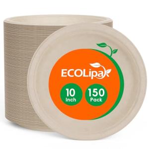 ECOLipak Paper Plates 10 Inch, 150 Pack Compostable Heavy Duty Disposable Biodegradable Sugarcane Bagasse Eco Friendly Paper Plates for Thanksgiving Party Dinner