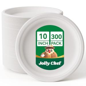 JOLLY CHEF Compostable Heavy Duty Plates 𝟭𝟬 𝗜𝗻𝗰𝗵 [𝟯𝟬𝟬 𝗣𝗮𝗰𝗸] Eco-Friendly Disposable White Paper Plates Made of Bagasse Biodegradable Bulk for Party Dinner Sugarcane Thanksgiving Day