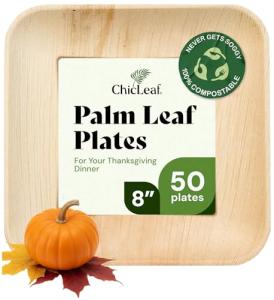 Chic Leaf Disposable Palm Leaf Plates - 50 Count, 8" Square, Natural - Bamboo Plates Disposable, Biodegradable & Compostable - Microwave Safe & Heavy Duty - Event & Party Supplies - Wedding Decor