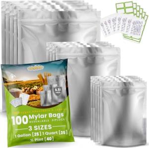 100pcs Mylar Bags for Food Storage - Extra Thick 10 Mil - Includes Gallon/Quart/Pint Sizes with 400cc Oxygen Absorbers - Zip Resealable Storage Pouches - Bolsas Mylar