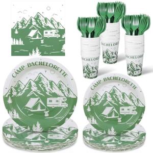 Zubebe 120 Pieces Camp Bachelorette Party Supplies Favors for 24 Guests, Paper Plates (7 and 9 Inch), Cups, Forks, Paper Napkins, Disposable Dinnerware for Party Decorations (Classic Style)