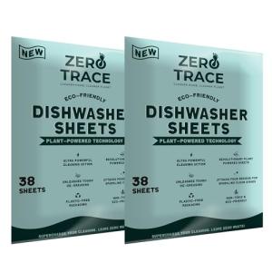 Zero Trace Dishwasher Detergent Eco-Friendly Sheets for Dish Washing - Plant Powered Technology - Plastic Free Biodegradable- 38 Count- Pack of 2 (76 Total Sheets)