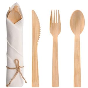 Pre Rolled Napkin and Bamboo Cutlery Set - 30Pack Bamboo Utensils/Cutlery Set(30 Forks, 30 Knives, 30 Spoons, 30 Napkins), Biodegradable Wrapped Cutlery for Party, Wedding, Events