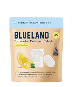BLUELAND 100% Plastic-Free Dishwasher Detergent Tablets, 36 Count, Lemon Zest Scent, Eco Friendly Dishwashing Pods, Natural, USDA Certified biobased