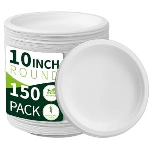 10 Inch Compostable Paper Plates【White 150 Pack】, 100% Sugarcane Bagasse Large Disposable Plates, Sturdy Heavy Duty, Biodegradable Dinnerware for Party, BBQ, Picnic, Catering