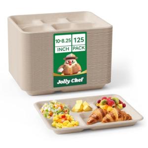 JOLLY CHEF Compostable 𝟱 Compartment Paper Plates 𝟭𝟬 * 𝟴 𝗶𝗻𝗰𝗵 [𝟭𝟮𝟱 𝗣𝗮𝗰𝗸] Heavy Duty Divided Disposable Eco-Friendly Biodegradable Containers Food Trays for Dinner Lunch Buffet(Brown)