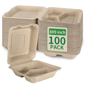 Aricsen 100 Pack 3 Compartment Compostable 8x9 Inch Takeout Lunch Box Containers with Lid To Go Take Out Clamshell for Food, Disposable Eco-Friendly Biodegradable Bagasse, PFAS-Free, Brown