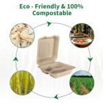 Aricsen 100 Pack 3 Compartment Compostable 8x9 Inch Takeout Lunch Box Containers with Lid To Go Take Out Clamshell for Food, Disposable Eco-Friendly Biodegradable Bagasse, PFAS-Free, Brown