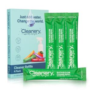 Bathroom Cleaner Refill Powder Concentrate 4 Pack for Tile, Bathtub, Shower, Toilets, Cruelty Free, Plant & Mineral Based, Eco-Friendly, Makes 24oz Each, Tea Tree & Mint Scent
