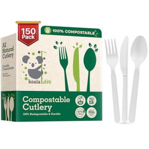 100% Compostable cutlery knives forks spoons 150 Large Disposable Biodegradable Compostable Utensils Durable HeavyDuty Silverware heat resistant alternative to plastic with convenient tray 150pc 7inch