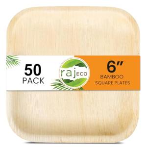 Raj Eco Compostable Palm Leaf Plates Like Bamboo Plates Disposable - 6 Inch Square 50 Party Plate, Natural Wooden, Eco-Friendly, Fancy Biodegradable & Disposable Dessert Appetizer Plate