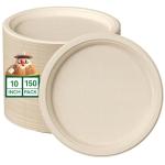 JOLLY CHEF 100% Compostable Paper Plates, 150 Pack 10 Inch Heavy Duty Plates, Disposable Biodegradable Eco-Friendly Sugarcane, Bulk Nature