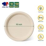 JOLLY CHEF 100% Compostable Paper Plates, 150 Pack 10 Inch Heavy Duty Plates, Disposable Biodegradable Eco-Friendly Sugarcane, Bulk Nature