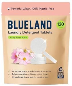 BLUELAND Laundry Detergent Tablets, 120 Count, Spring Bloom Scent, Plastic-Free Eco-Friendly Pods, Sheets, Liquid Alternative - Safe for Sensitive Skin, Gentle