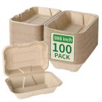 Aricsen Compostable 100 Pack 9x6 Inch Takeout Lunch Box Containers with Lid To Go Take Out Clamshell for Food, Disposable Eco-Friendly Biodegradable Bagasse, PFAS-Free, Brown