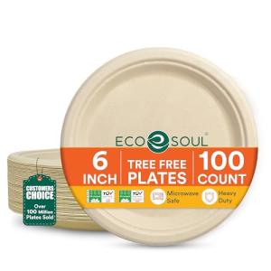 ECO SOUL 100% Compostable 6 Inch Small Paper Plates (100-Pack) Disposable Party Heavy Duty, Eco-Friendly, Appetizer, Dessert, Wedding Plates I Biodegradable Unbleached Sugarcane Eco Plates