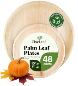Chic Leaf Round Palm Leaf Plates - 10-Inch & 7-Inch, Pack of 48 - Compostable Disposable Bamboo Plates for Parties, Thanksgiving Family Meal and Christmas Dinner
