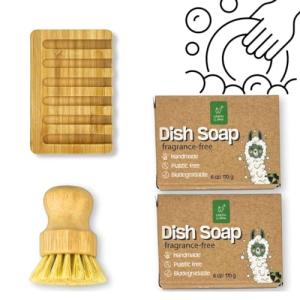 Green Llama Eco-Friendly Dish Washing Bar Soap Set with 2 Fragrance-Free Solid Coconut Oil Bars, Sisal Scrub Brush, and Bamboo Holder - Sustainable Kitchen Cleaning set