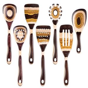 Gudamaye 7-Piece Brown Pakkawood Utensils Set – Sturdy, Eco-Friendly, Wooden Spoons for cooking, Wooden Utensil for cooking, Wooden Kitchen Tool, Home & Kitchen Gifts for Men and Women