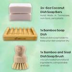 Green Llama Eco-Friendly Dish Washing Bar Soap Set with 2 Fragrance-Free Solid Coconut Oil Bars, Sisal Scrub Brush, and Bamboo Holder - Sustainable Kitchen Cleaning set
