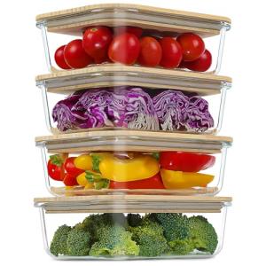 Urban Green Glass Containers with Bamboo Lids, Bamboo Meal Prep Storage Containers with Lids, Oven, Freezer, Microwave Safe, Pack of 4, 35oz