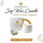 FOUR JAMES & CO Luxury Highly Scented Premium Eco-Friendly Soy Wax 6oz Candles in Modern Giftable Box (Sea Salt & Sage)